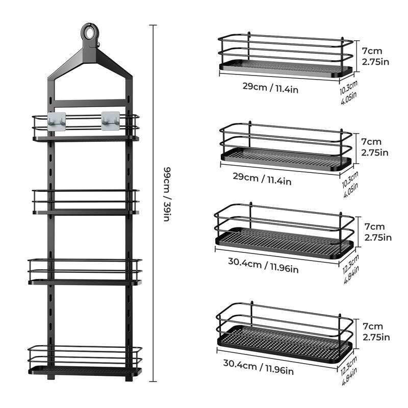 Shower Caddy Organizer Over Head Anti-Swing Hanging Bathroom Shelves Basket Rack Rustproof (Black, 11.96" x 4.84" x 39") - Black