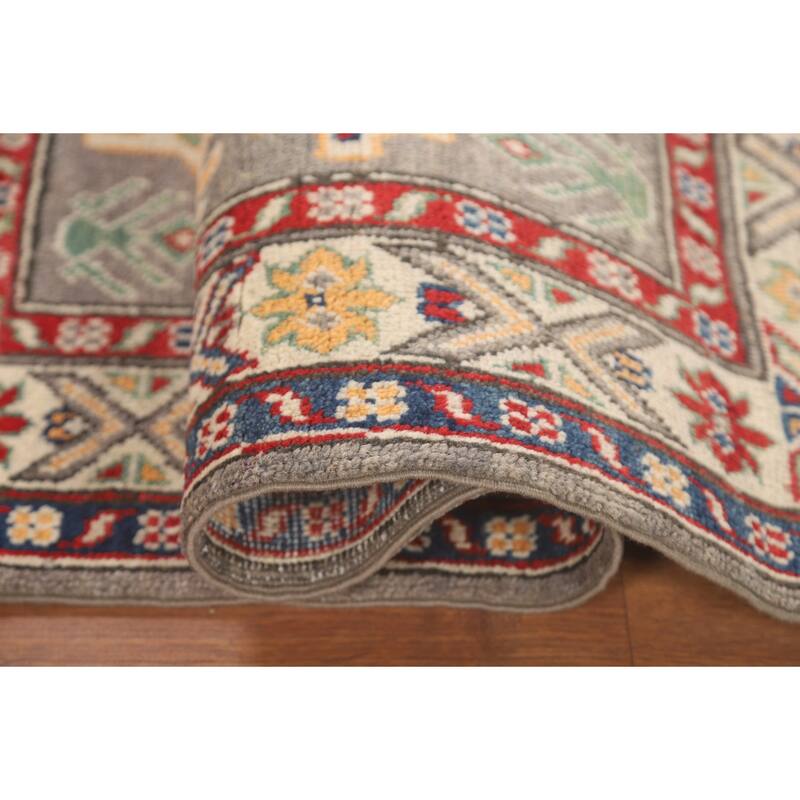 Geometric Kazak Accent Rug Hand-Knotted Grey Wool Carpet - 2'6" x 4'3"