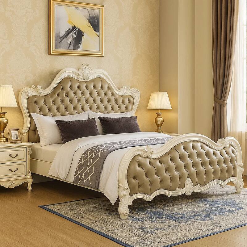 Sicily King Bed, Classic White Carved Frame, Tufted Gray Faux Leather