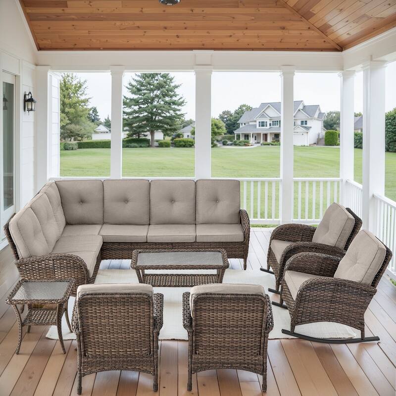 Patio Sectional Sofa Chairs with Rocking Chairs Set - Brown - Beige