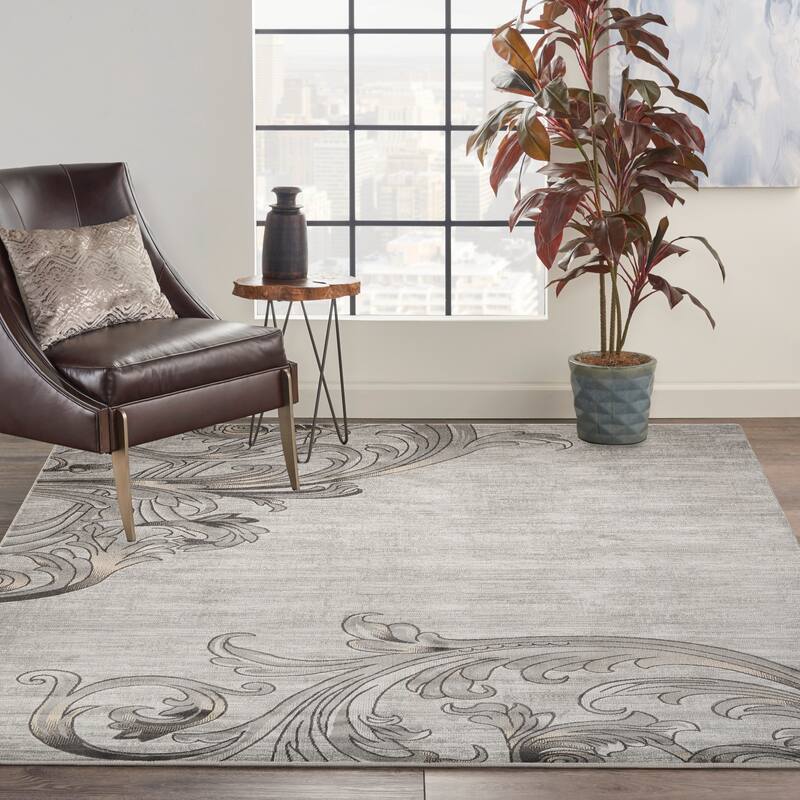 Nourison Maxell Abstract Ombre Damask Floral Botanical Area Rug - 7'10" x 10'6" - Graphite - Runner/Rectangle