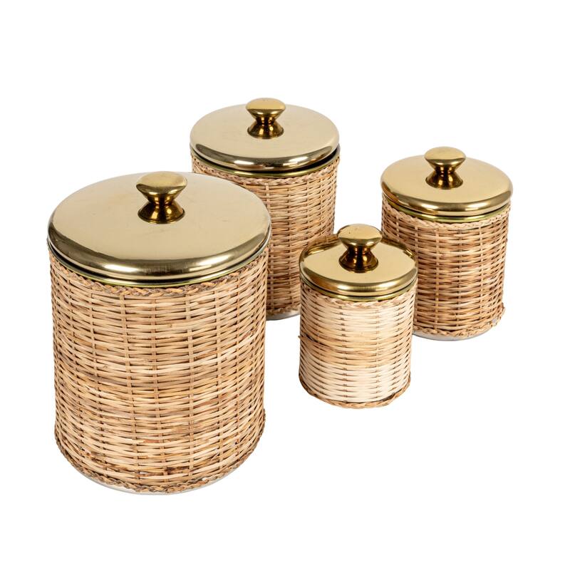 Rattan Wrapped Stainless Steel Canisters - 6.3"L x 6.3"W x 8.8"H