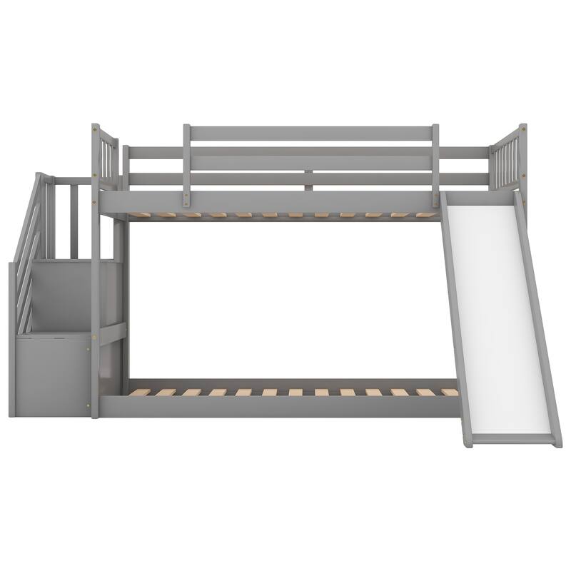 Convertible Twin Bunk Bed with Slide and Stairway, Space-Saving Design, Gray
