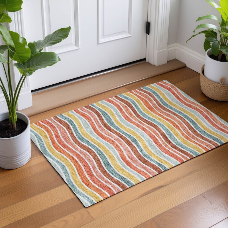 Machine Washable Indoor/ Outdoor Contemporary Stripe Chantille Rug