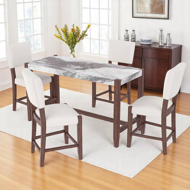 5-Piece Counter Height Dining Table Set with Faux Marble Top, Table and 4 Upholstered Chairs for Kitchen or Dining Room