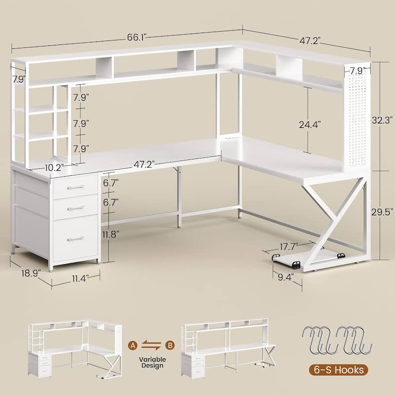 L Shaped Gaming Desk with Storage Shelves and Hutch Computer Desk 3 Drawers
