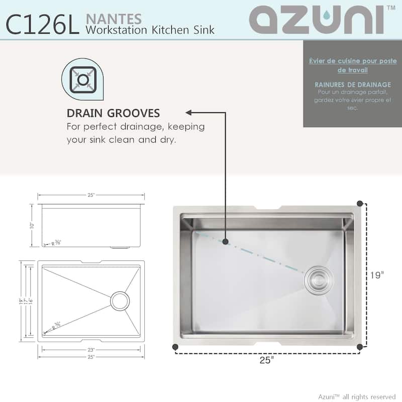 AZUNI 25"L x 19"L Single Bowl Undermount 16G Reversible Workstation Kitchen Sink with accessories C126L - 25" x 19" x 10"
