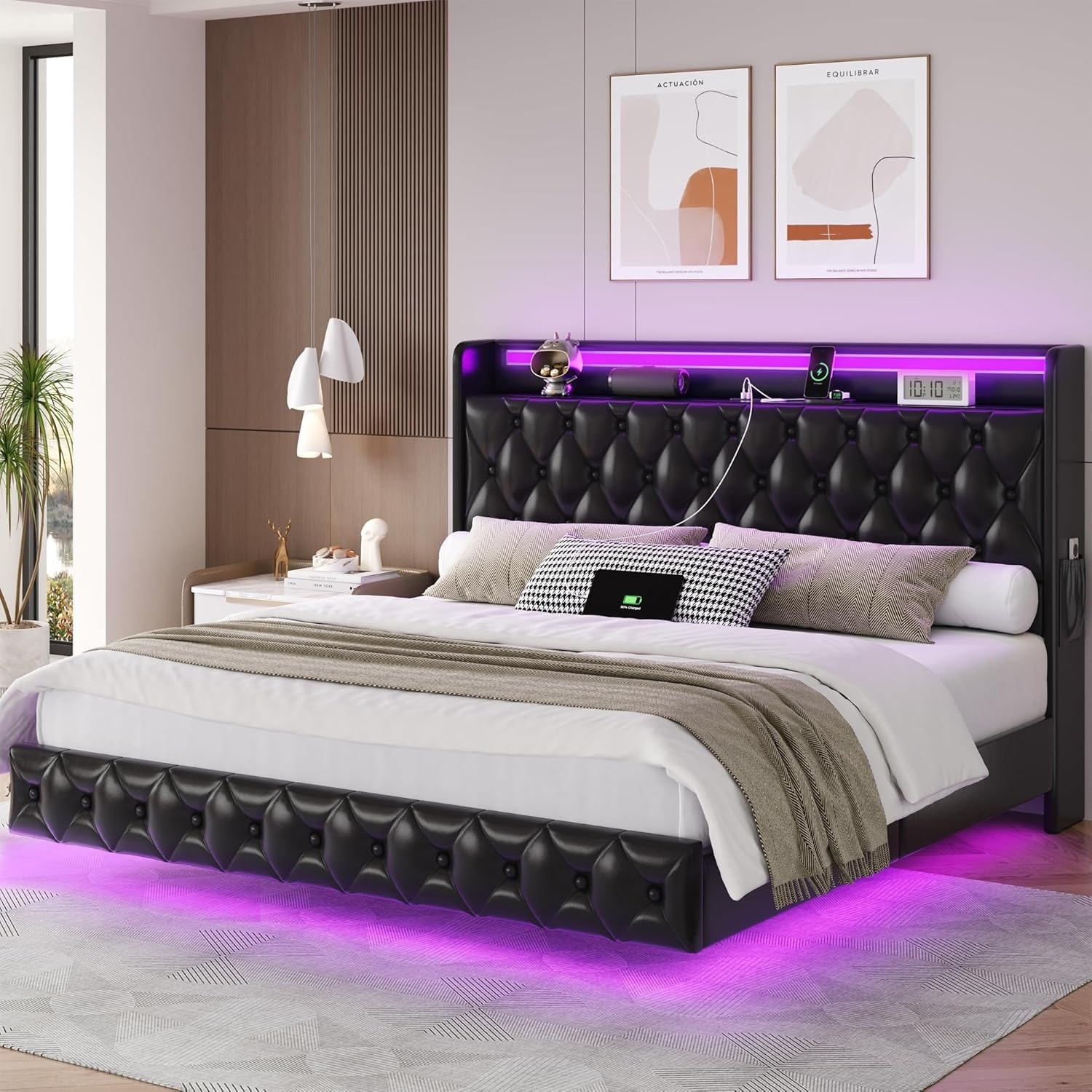 King Size Floating Bed Frame with LED Lights, USB Charging Headboard, Upholstered PU Leather, No Box Spring Needed, Black