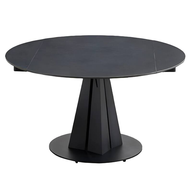 HomeRoots 51" Black Stone and Metal Self-Storing Leaf Pedestal Base Round Top Extendable Dining Table