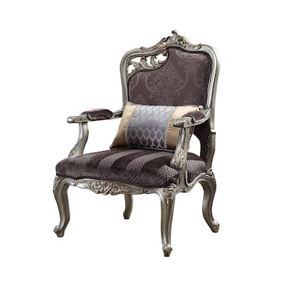 Velvet Upholstered Accent Chair with 1 Pillow in Antique Platinum