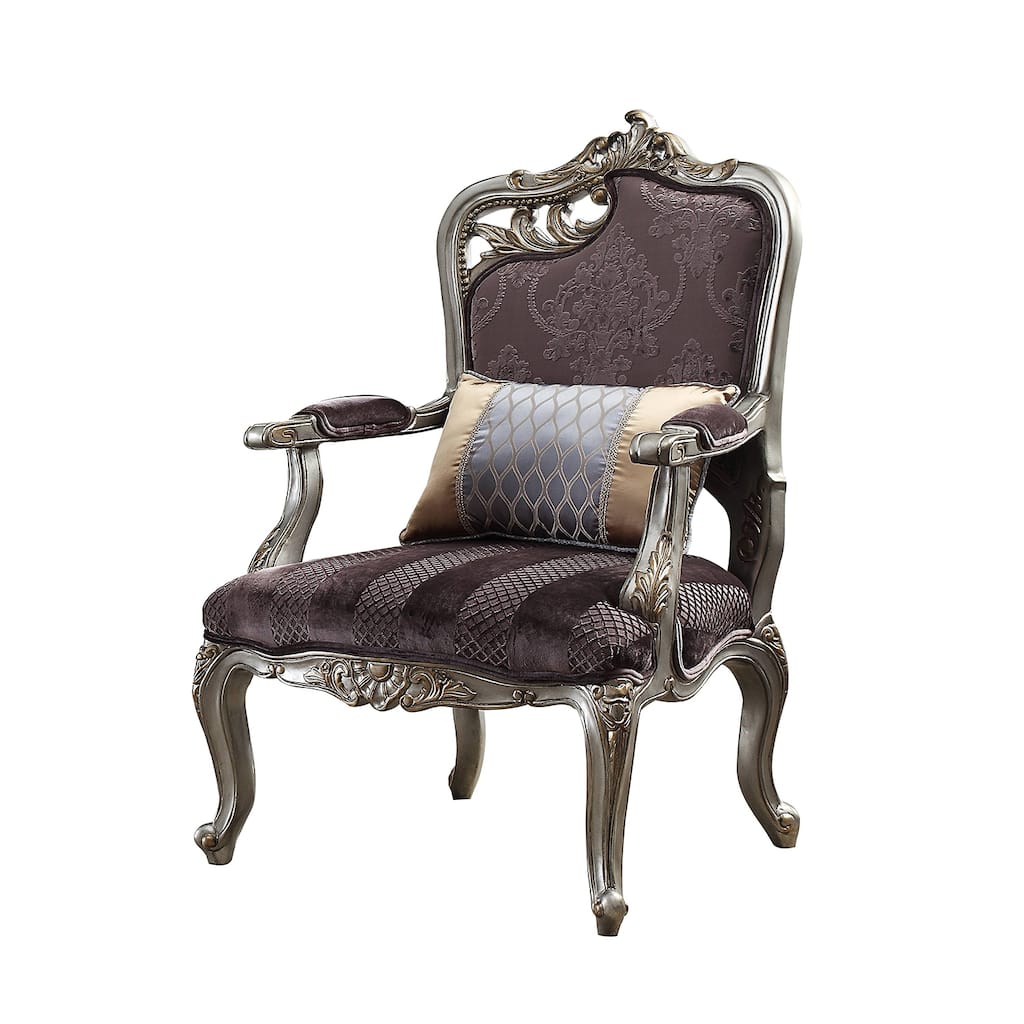 Velvet Upholstered Accent Chair with 1 Pillow in Antique Platinum