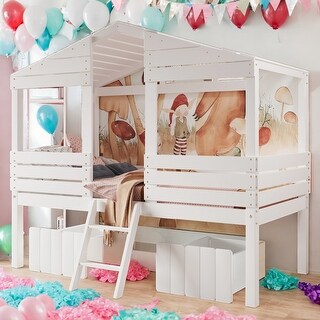 Contemporary Twin Size Low Loft Wood House Bed with Two Drawers, Sturdy Construction & Unique Design, Maximized Space