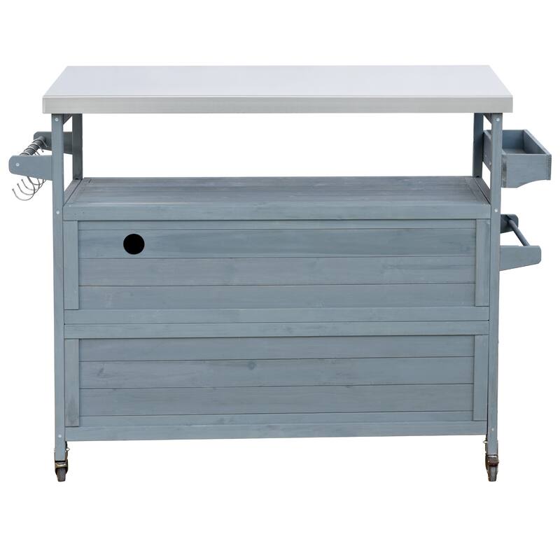Farmhouse Kitchen Island with Stainless Steel Top, Rolling Grill Solid Wood Storage Cabinet wSpice Rack & Towel Rack for Kitchen