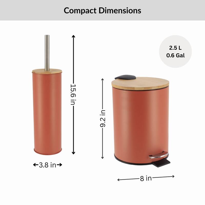 Bathroom Set with Bamboo Lid - Matte Metal Trash Can and Toilet Brush - 15.6" H x 11" L x 11" W