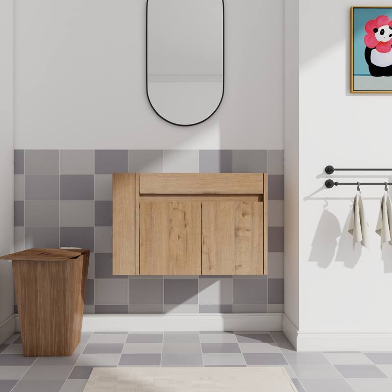 Compact Wall-Mounted Bathroom Vanity with Adjustable Open Shelf, 45° Inclined Handle Design - 29.13in L Plywood