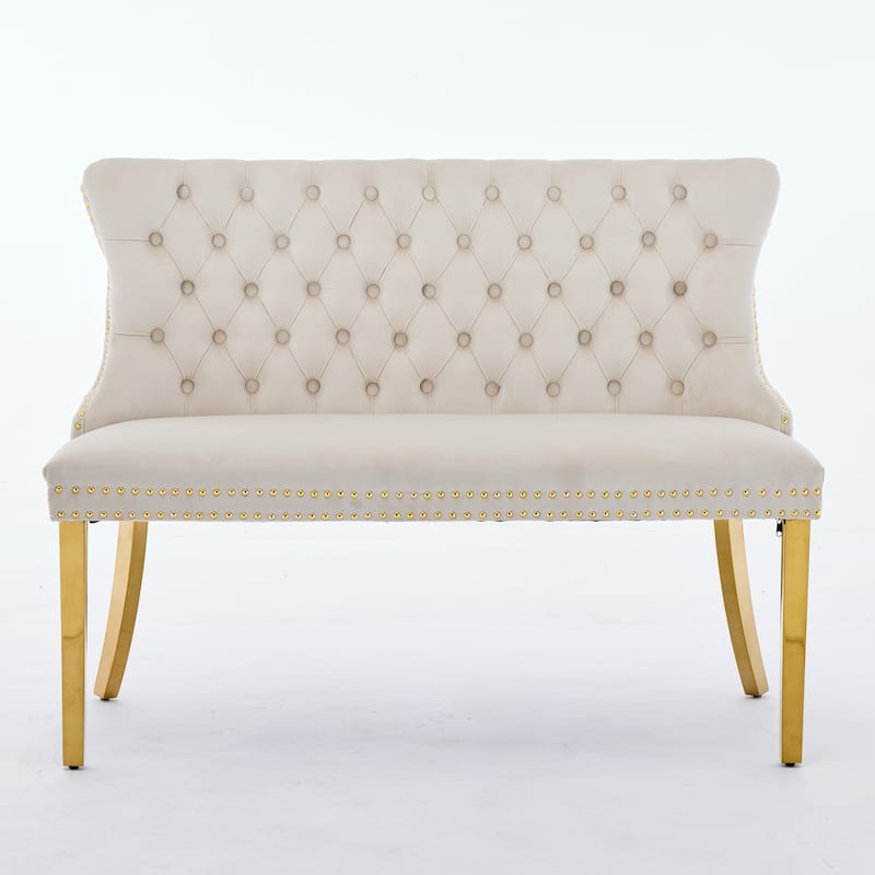 Velvet Double Dining Loveseat Bench, 2-Seat Tufted Bench w/Handmade Buttons, Wing Back, Gold-Plated Steel Legs, Single Pack