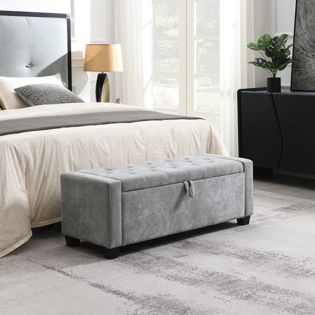 48" Light Grey Storage Ottoman Bench with Safety Hinge, 350 lb Capacity
