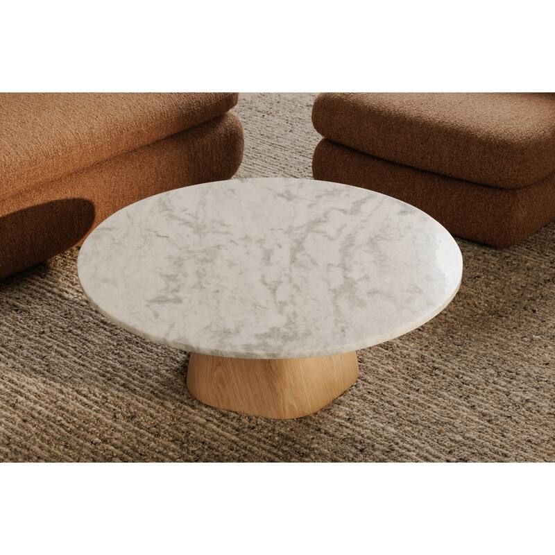 NADAAL STUDIOS Eden Coffee Table, Round Raj Grey Marble Top with Oak Veneer Base, Contemporary Design, White