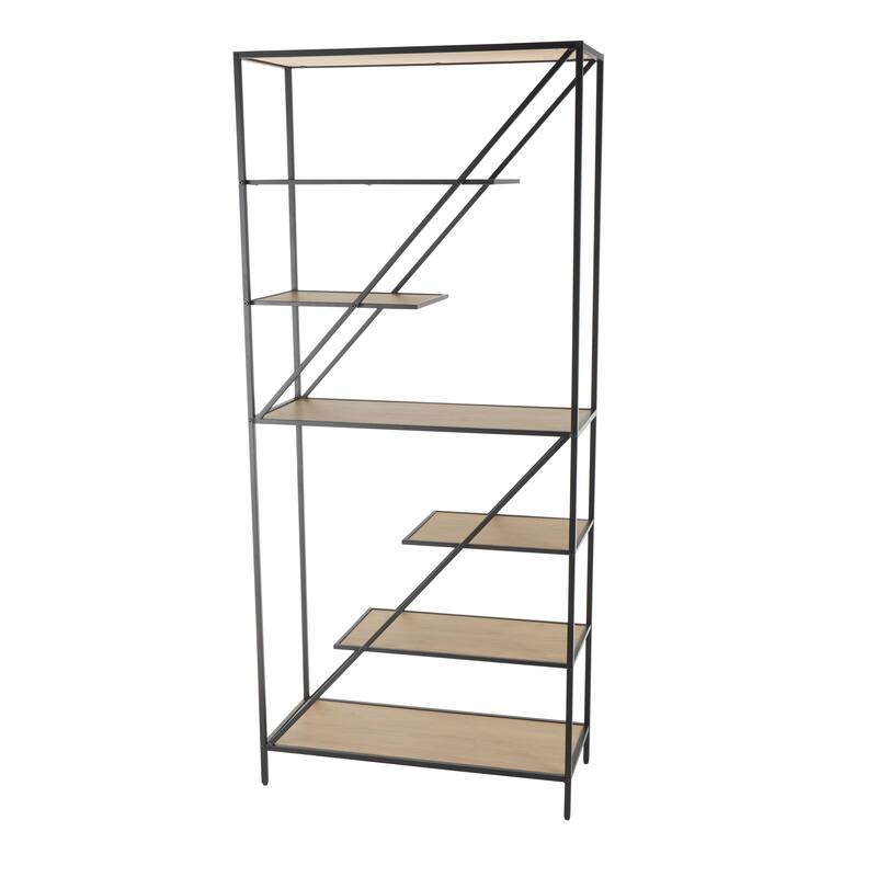 Brown Wooden Diagonal Angled 6 Shelf Shelving Unit with Black Metal Frame