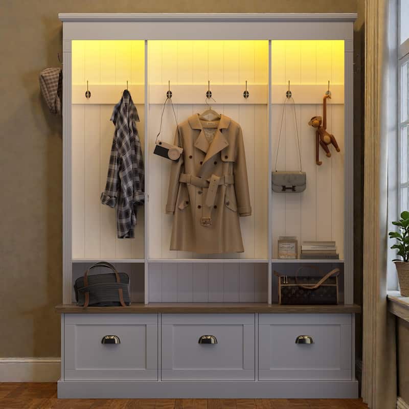 LED Hall Tree with Storage Bench, APP Controlled Light Entryway Organizer with 9 Hooks and Shoe Cabinets