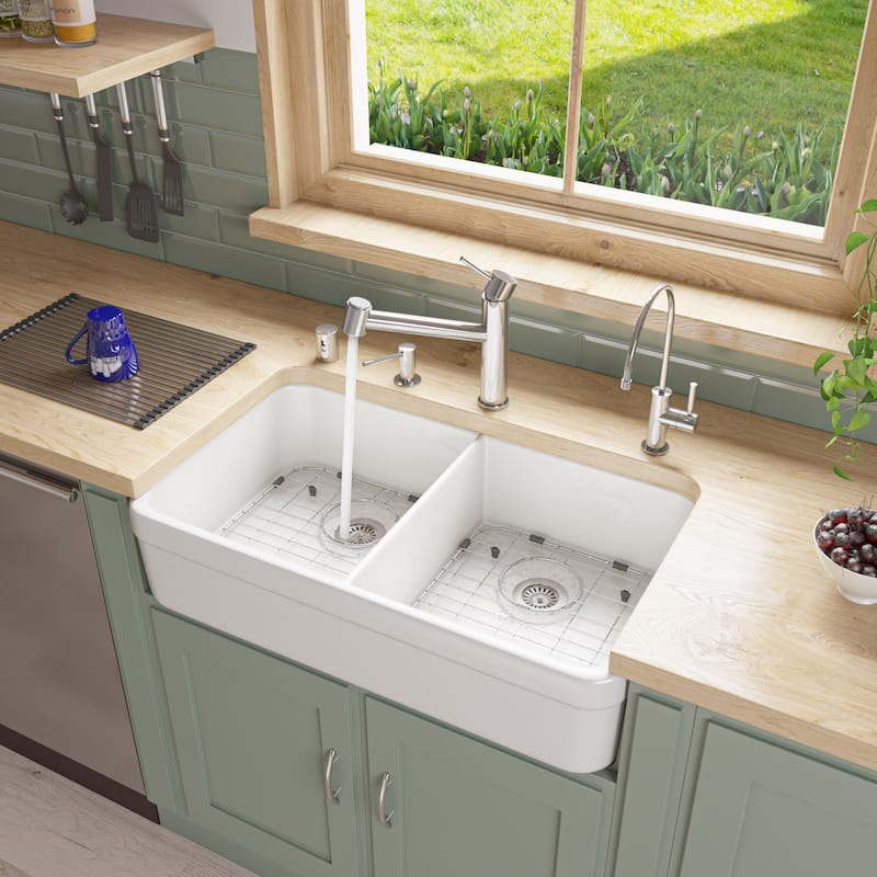 Alfi White Fireclay 32-inch Double Bowl Farmhouse Kitchen Sink with 1 3/4-inch Lip - White