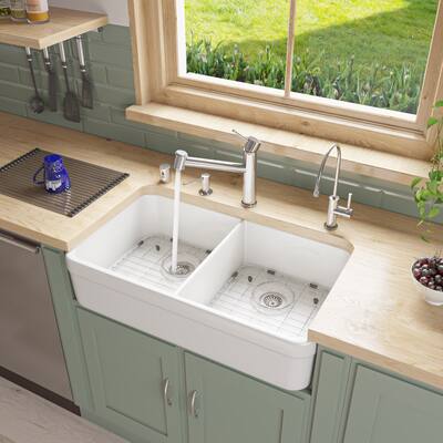 Alfi White Fireclay 32-inch Double Bowl Farmhouse Kitchen Sink with 1 3/4-inch Lip
