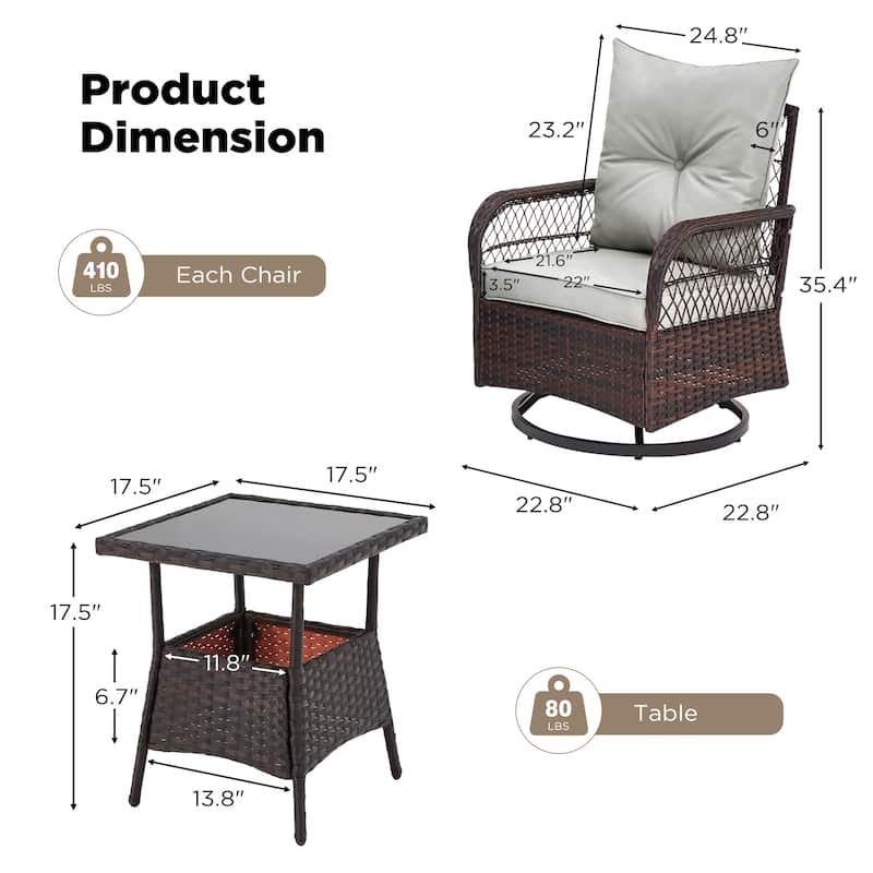 3-Piece Outdoor Rocking/Swivel Chair Set - PE Rattan Patio Furniture with Cushions & Coffee Table, Rocker Chairs for Backyard