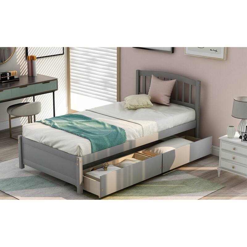 Twin Wood Storage Bed Frame with Headboard and Two Drawers, Gray