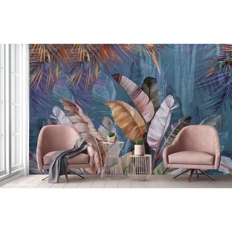 Lush Tropical Forest Mural with Vibrant Palms and Parrot