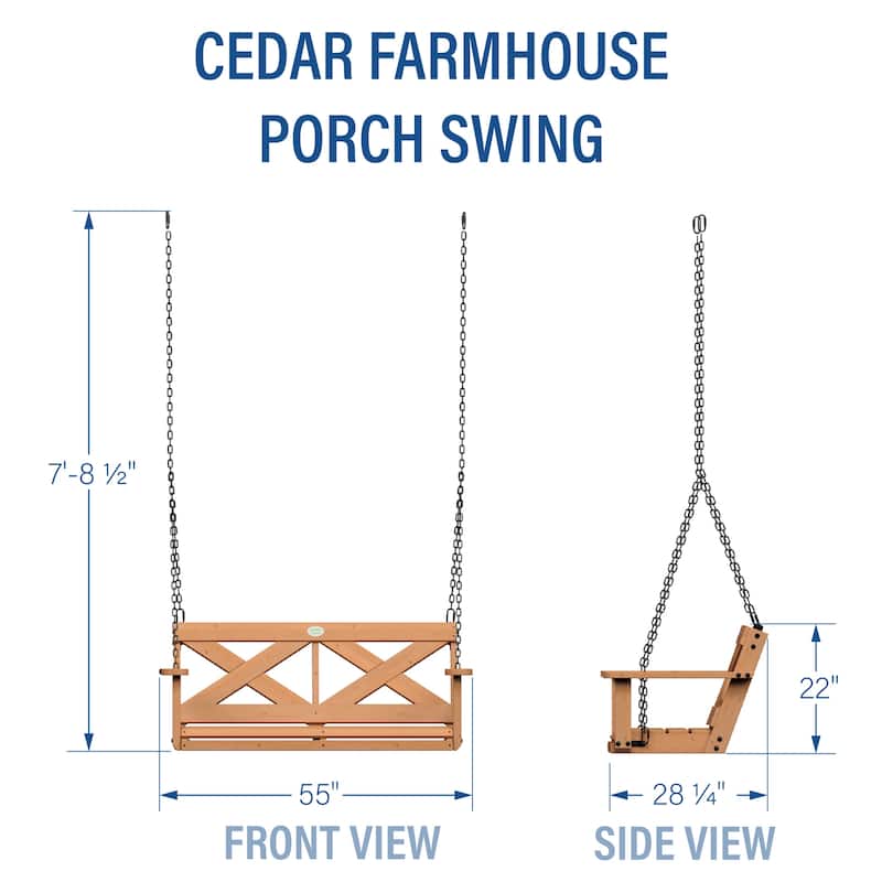 Backyard Discovery 55" Cedar Wood Farmhouse Porch Swing, 2-Seater - 4'7" x 2'4"