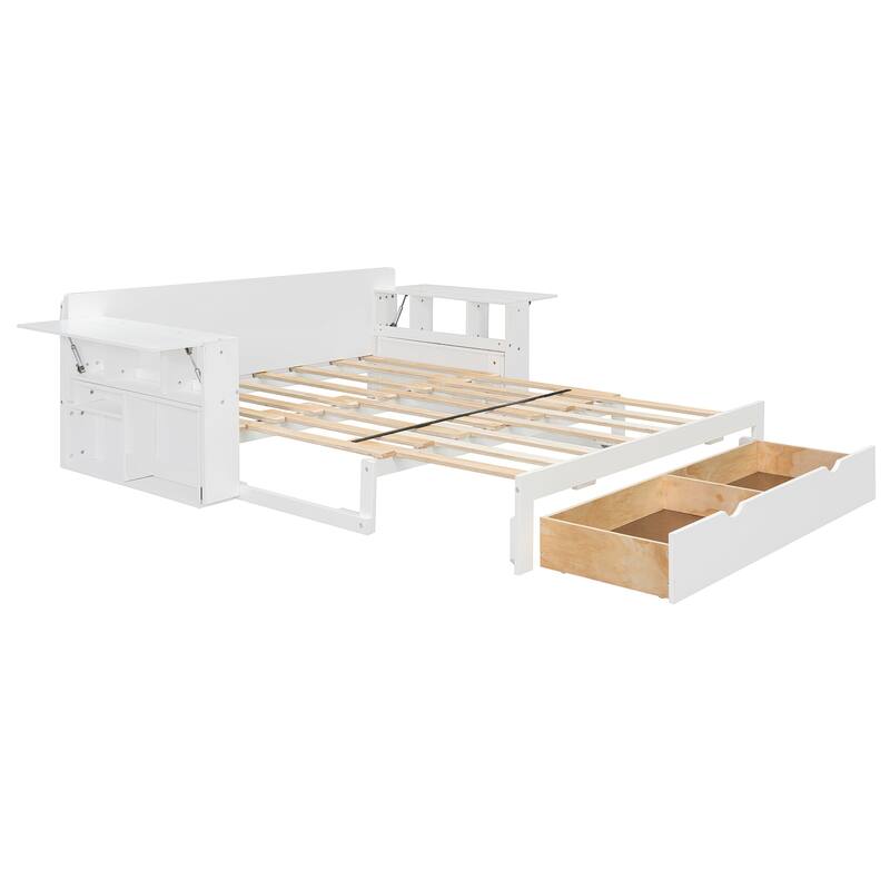 4-in-1 Multifunctional Daybed Storage Bed Frame with Removable Desk, Drawers, Bookcase Shelves and Hydraulic Side Tables
