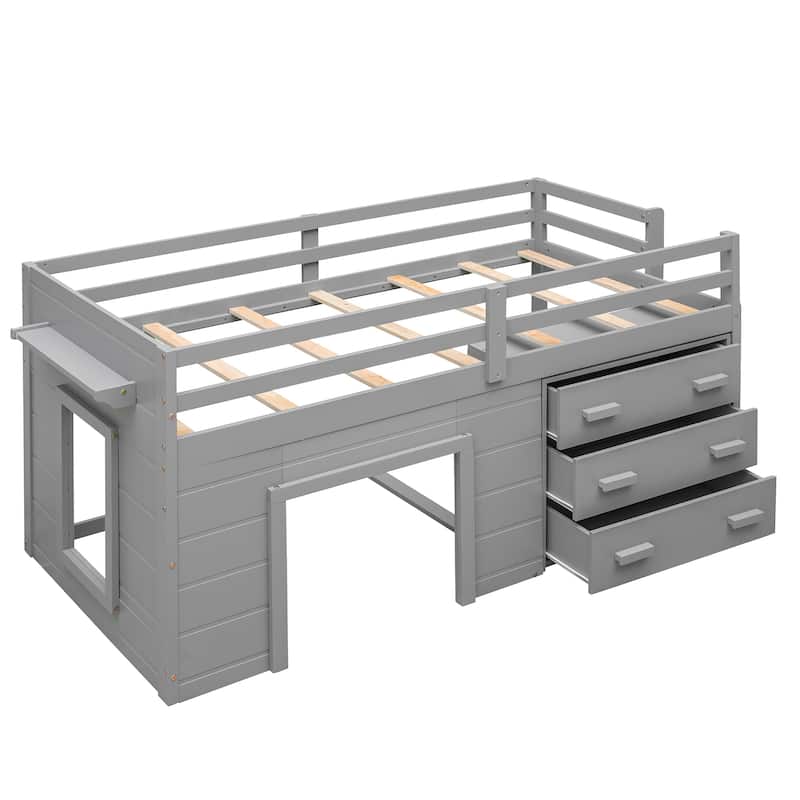 Compact Twin Loft Bed with Storage Cabinet and Shelf in Gray