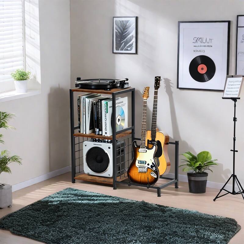 Homy Casa Record Player Stand with Media Shelves & Guitar Rack