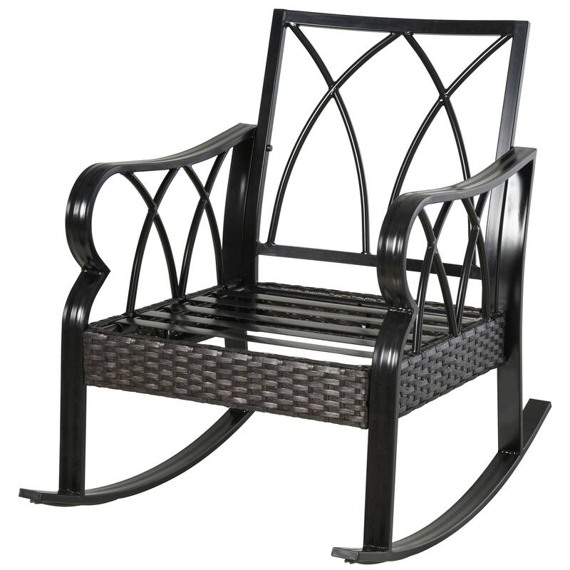 Outsunny Rattan Wicker Rocking Chair with Padded Cushions, Armrest for Garden, Patio, Backyard, Khaki