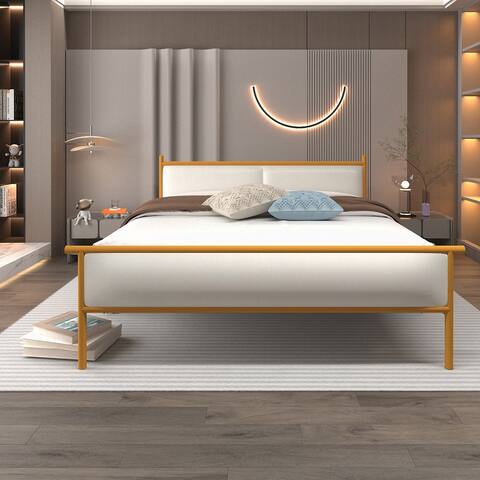 King Size Metal Frame, Solid Wood Ribs Bed with Steamed Bread Shaped Backrest