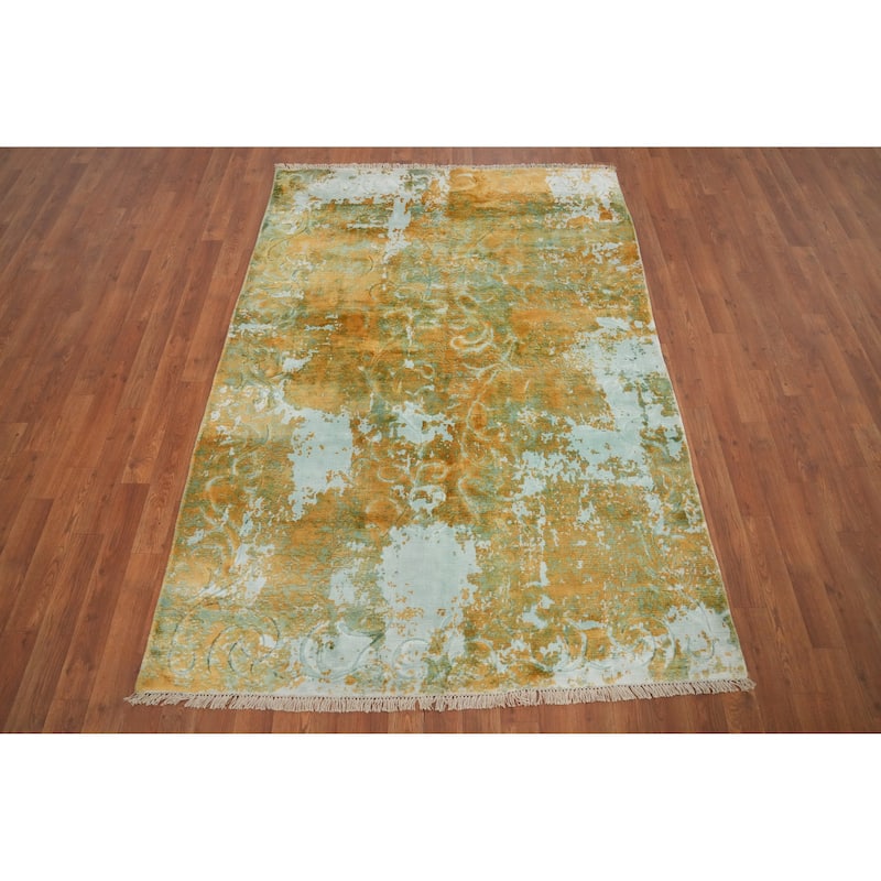Hand Knotted Oriental Viscose Silk Carpet Modern All-Over Oranges & Rust Abstract Area Rug - 6' 4'' X 4' 6''