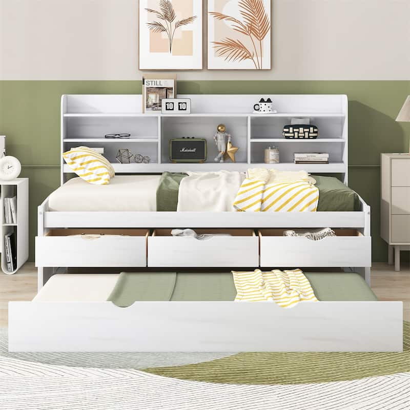 Twin Size Wooden Bed with Built-in Bookshelves,3 Drawers and Trundle