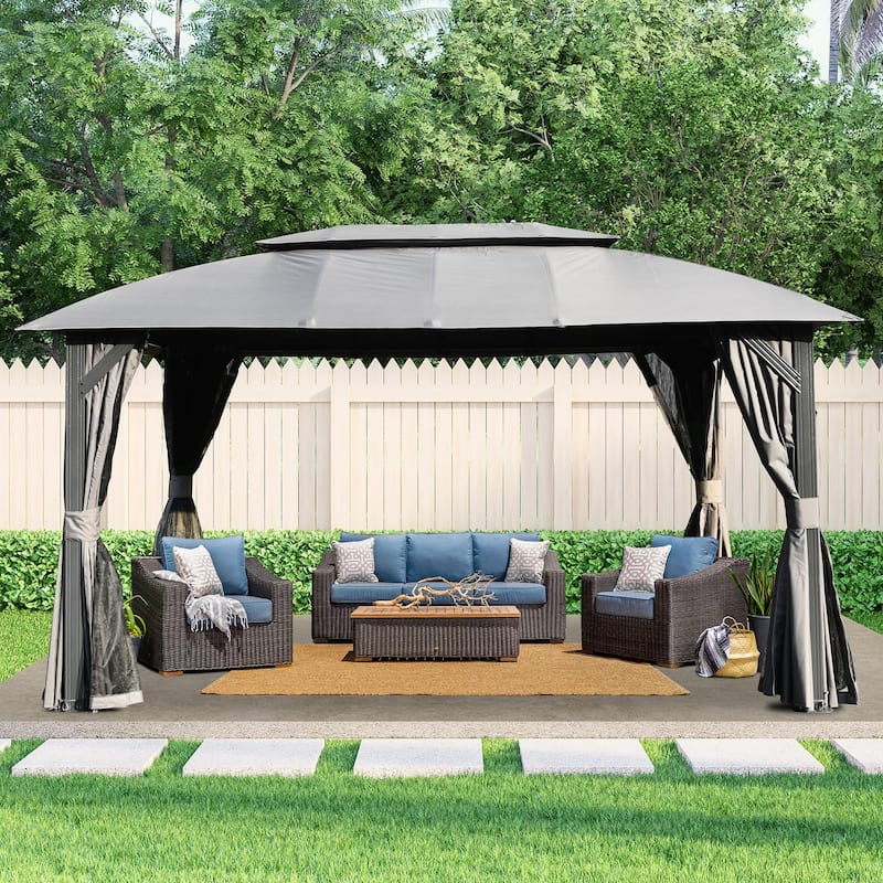 Double Roof Heavy Duty Metal Frame Gazebo with Privacy Curtains - 10x14FT - Grey