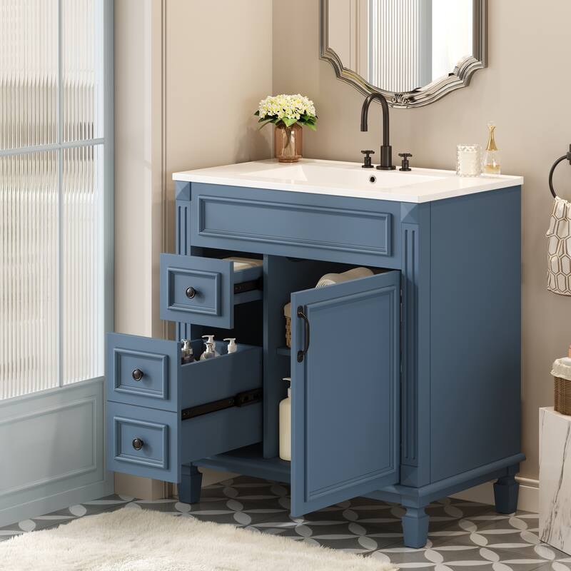 30" Bathroom Vanity With Ceramic Sink, Small Bathroom Sink Cabinet, Modern Cabinet With 2 Drawers And Adjustable Shelf
