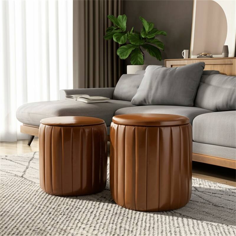 Leather and Pine Wood Ottoman Modern Storage (Set of 2) - 14/18" Brown