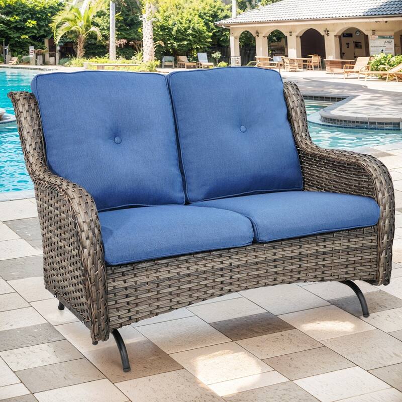 Outdoor Patio Loveseat Glider with Soft Cushion - Grey - Blue - Grey