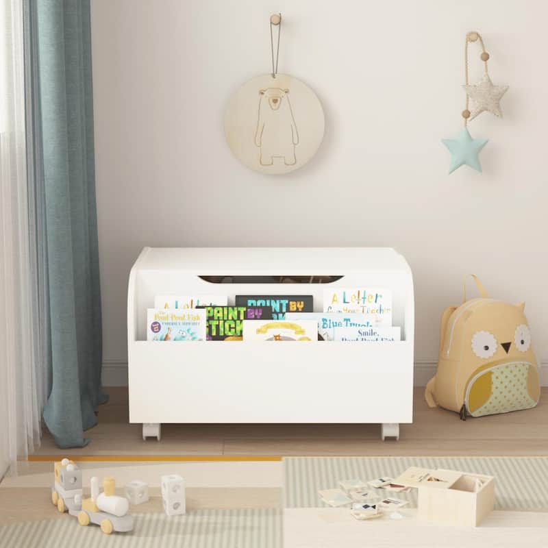 Wooden Toy Box with 4 Universal Wheels, Kids Toy Storage Organizer with Front Bookshelf, Flip-Top Lid, Toy Chest Bench