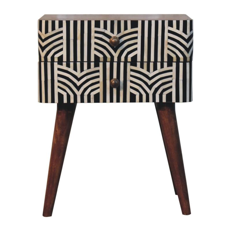 HomeRoots 23" Black White And Brown Solid Wood Geometric Bone Inlay Two Drawer Nightstand