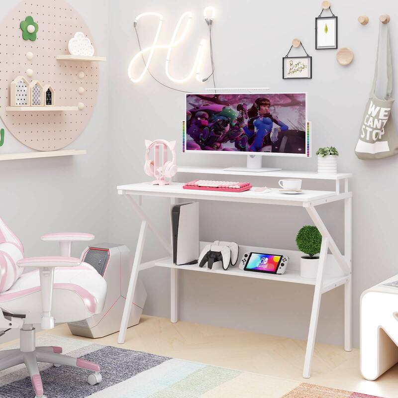 Costway Home Office Desk with Monitor Stand, Open Shelf & Metal Frame, - See Details