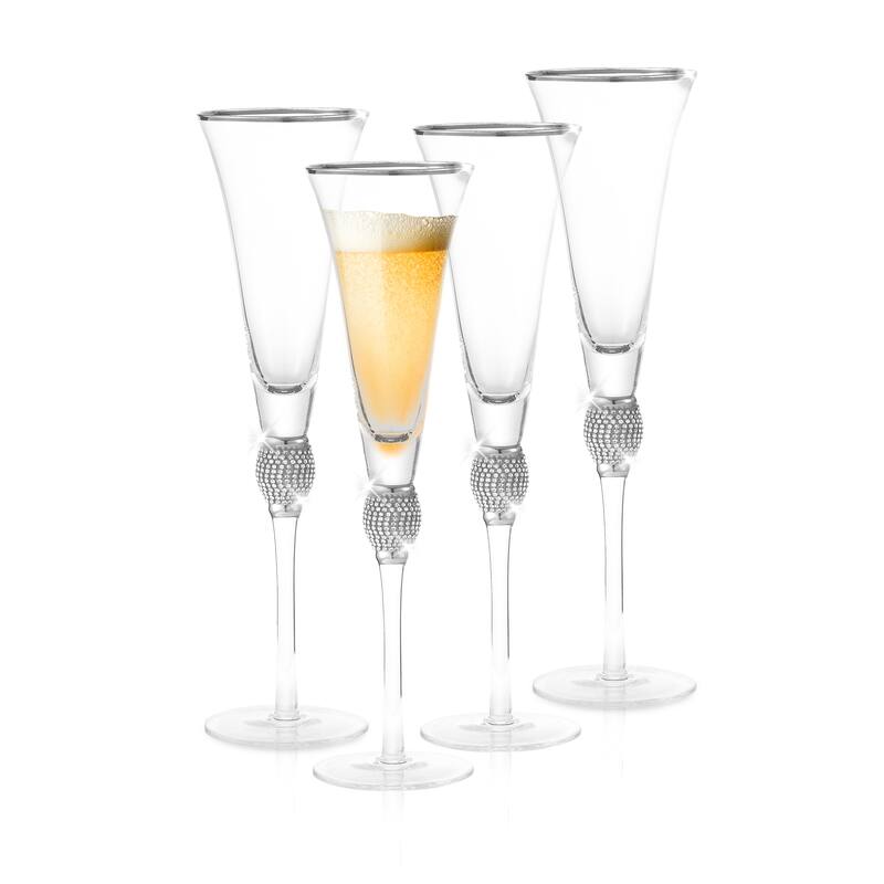 Berkware Luxurious Champagne Trumpet Flutes with Dazzling Rhinestone Rim - Set of 4 - Silver