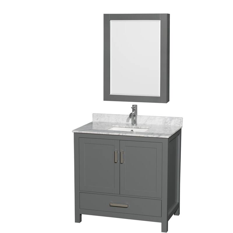 Wyndham Collection WCS141436SUNSMED Sheffield 36" Free Standing Single - Dark Gray / White Carrara Marble Top / Brushed - Steel Finish