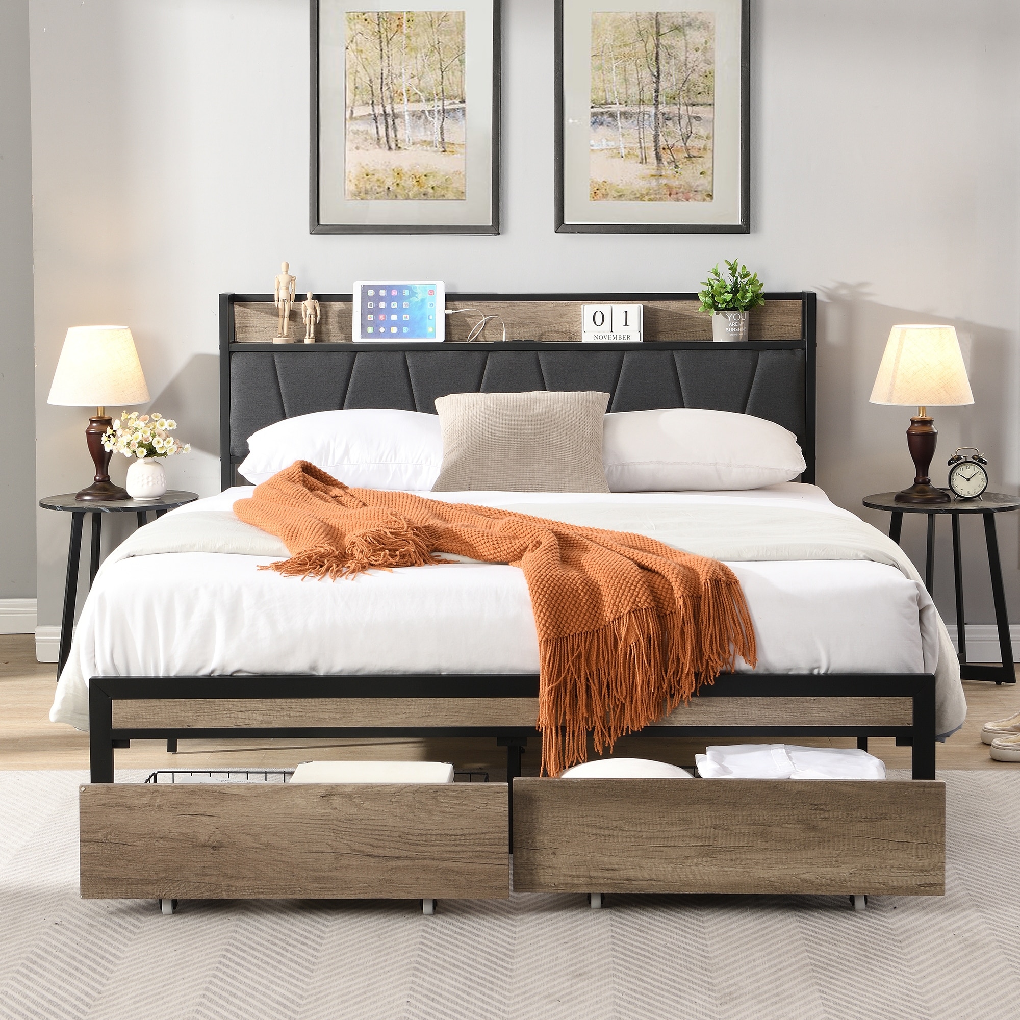 Black+Grey Full Size Metal Platform Bed with Drawers,Upholstery Storage Function Headboard and Usb Liner