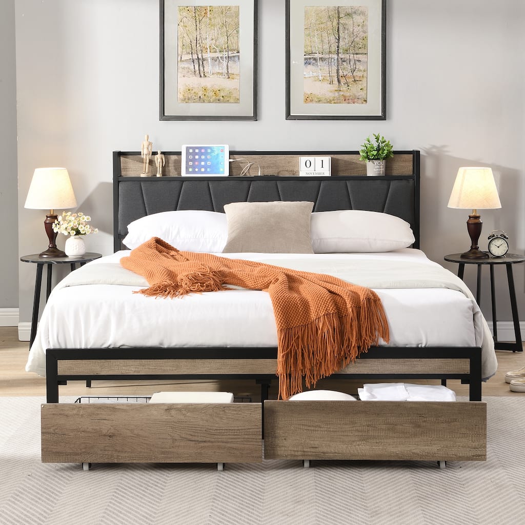 Full Size Metal Platform Bed Frame with Upholstered Headboard, Footboard Drawers & USB Ports, No Box Spring Needed