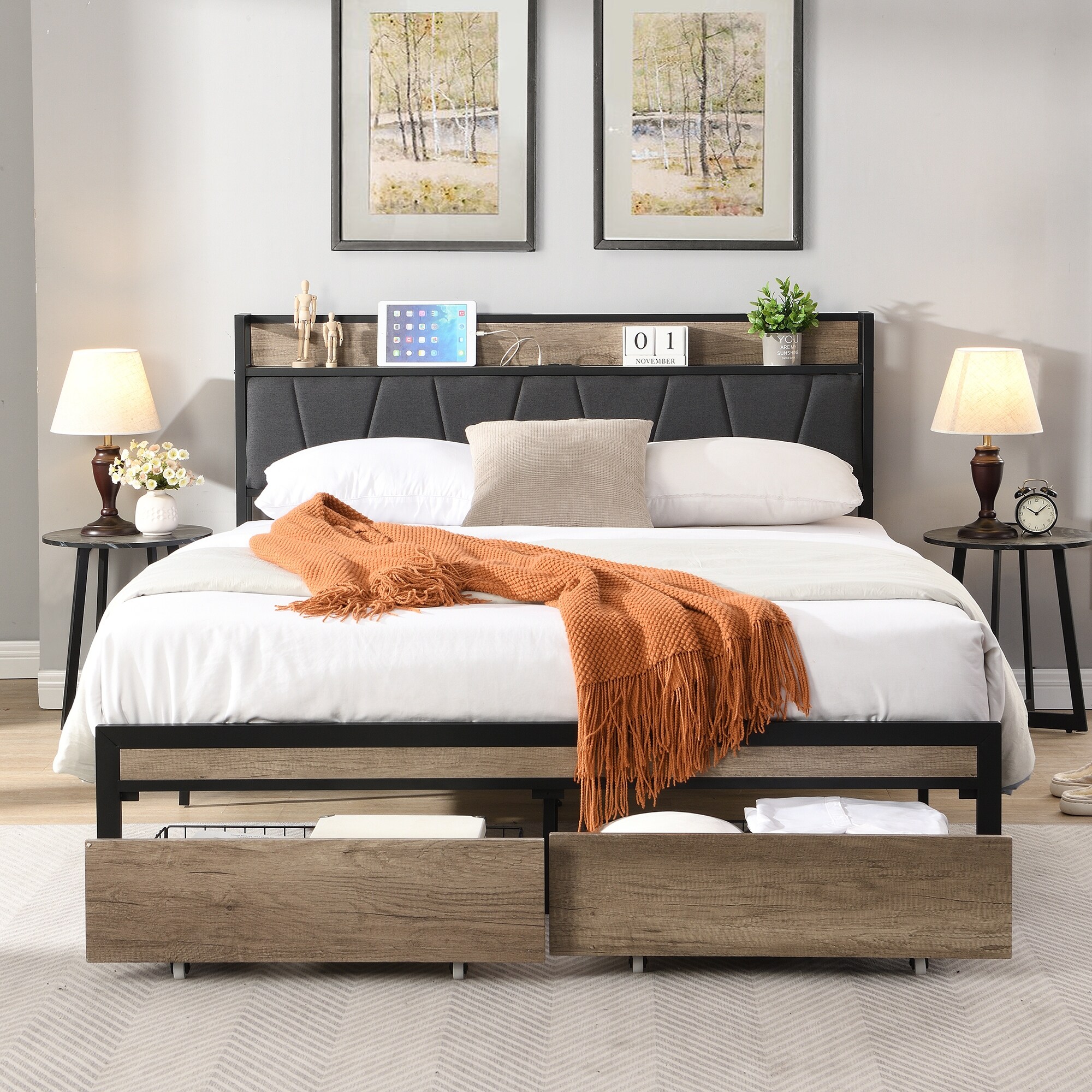 Full Size Metal Platform Bed with Upholstered Storage Headboard, USB Charging, Footboard and Under-Bed Storage
