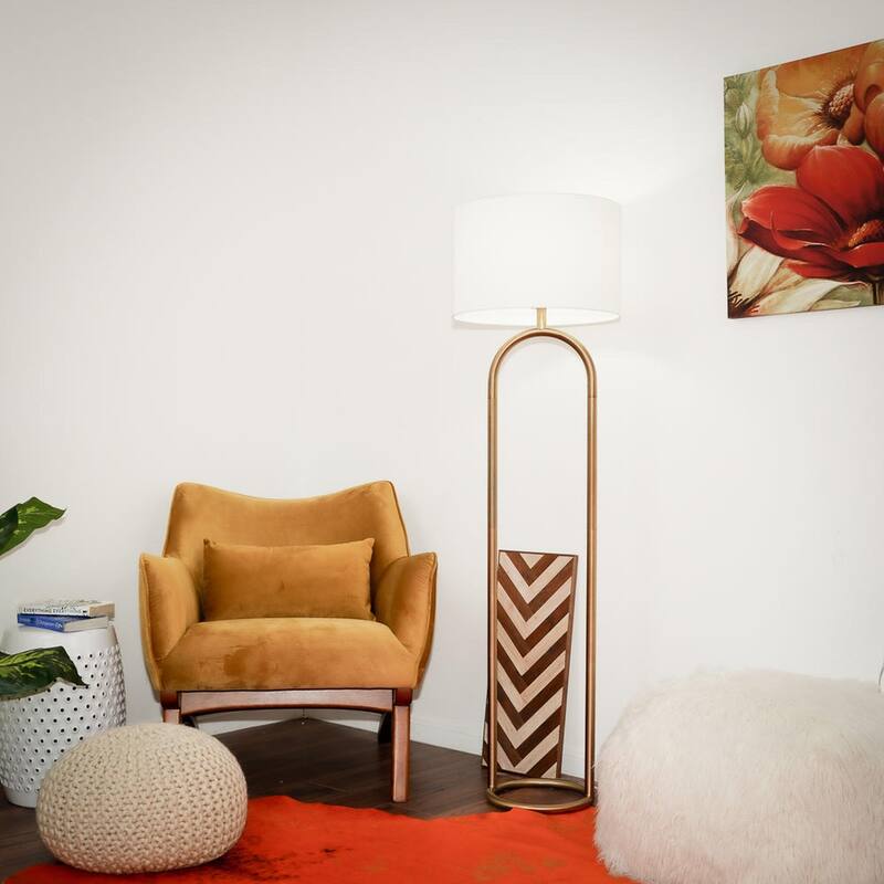 60.00" Tall Ring Base Floor Lamp with Large White Drum Shade - Antique Brass,White